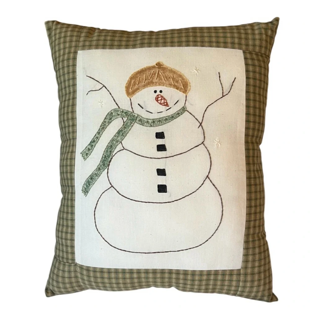 Charming Hand Stitched Snowman Holiday Pillow with Green Checkered Design